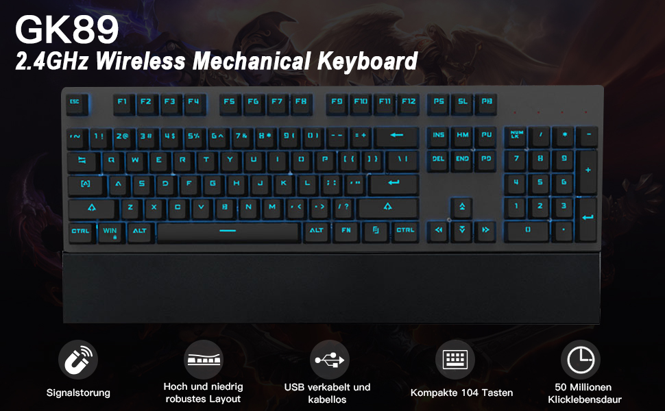 MOTOSPEED 2.4GHz Wireless/USB Wired Mechanical Keyboard 104Keys Led Backlit Blue Switches Gaming Keyboard for Gaming and Typing,Compatible for Mac & PC 