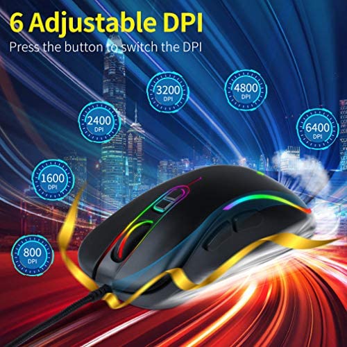 Wired Computer Mouse for Laptop-Windows PC-Desktop Computer Mice-Notebook,USB Computer Mouse Ergonomic,RGB Optical Backlit Wired Mouse-6400 DPI 7 Buttons Office and Home Mice